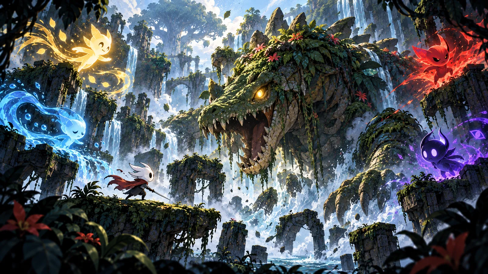 Guide artwork — Mono facing a giant moss-covered boss in waterfall ruins