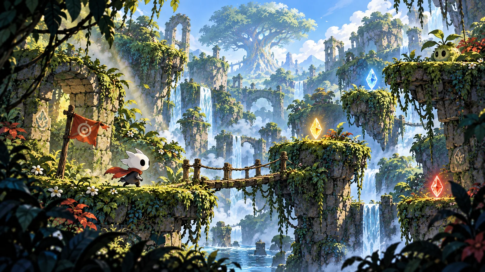 Guide artwork — Mono crossing jungle ruins toward glowing crystals