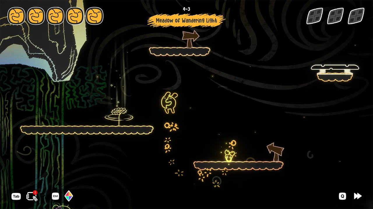 Mono standing next to a glowing pickup on a cave-meadow platform marked by a signpost
