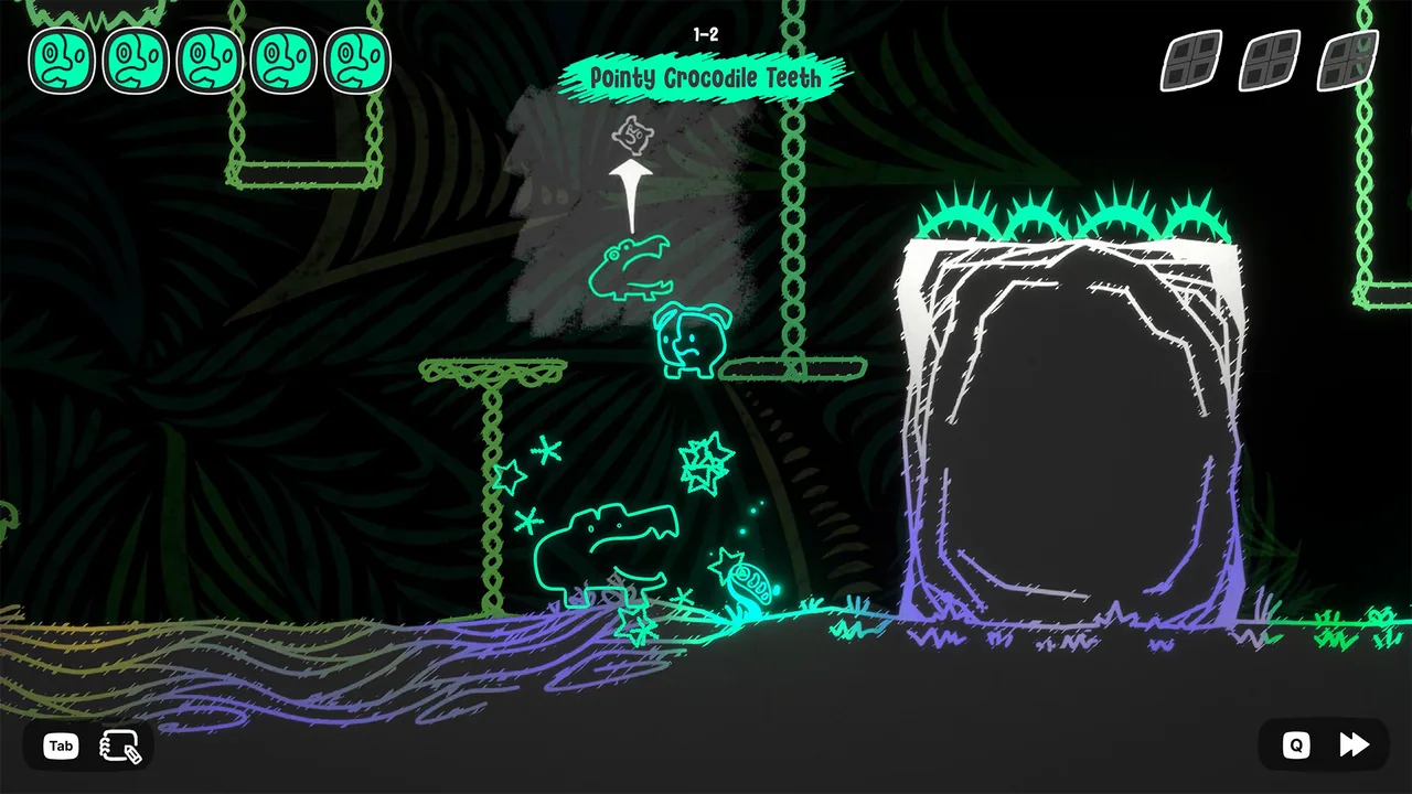 Mono in front of a large gate framed by crocodile-teeth spikes, with a crocodile-shaped creature in the same dark jungle room