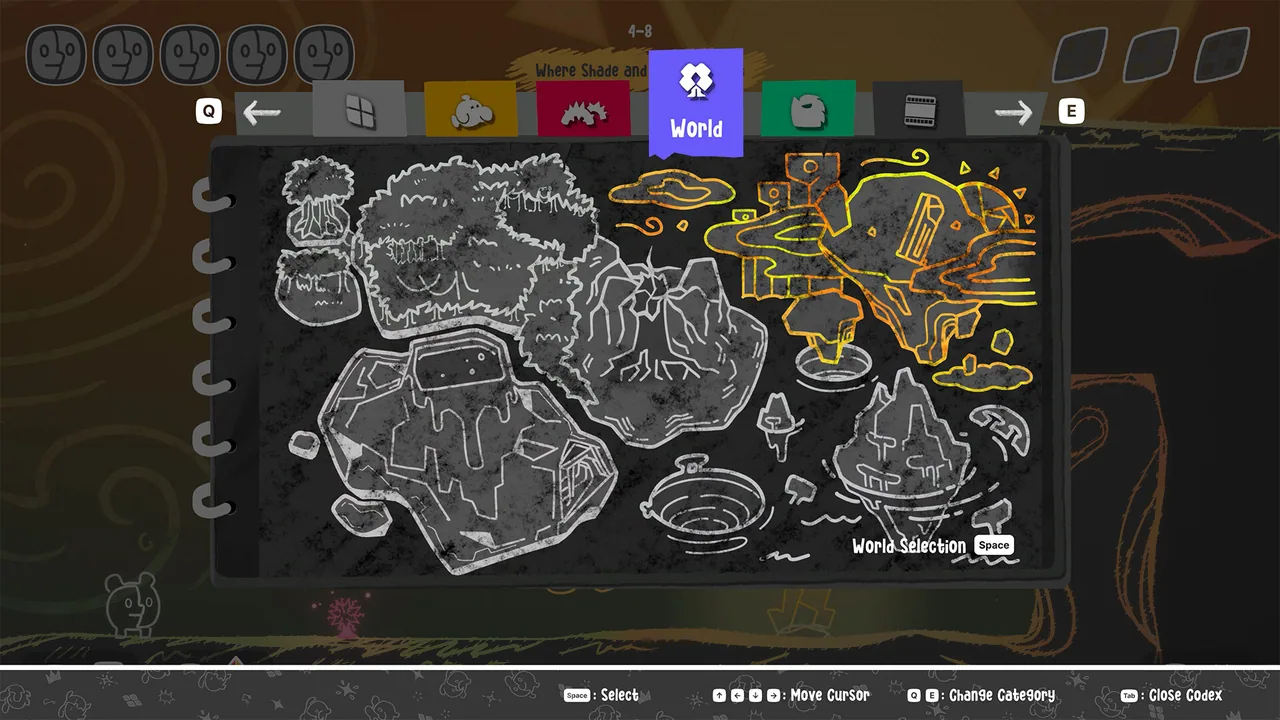 In-game screen showing area information and cursor prompts over a dark cave-map background