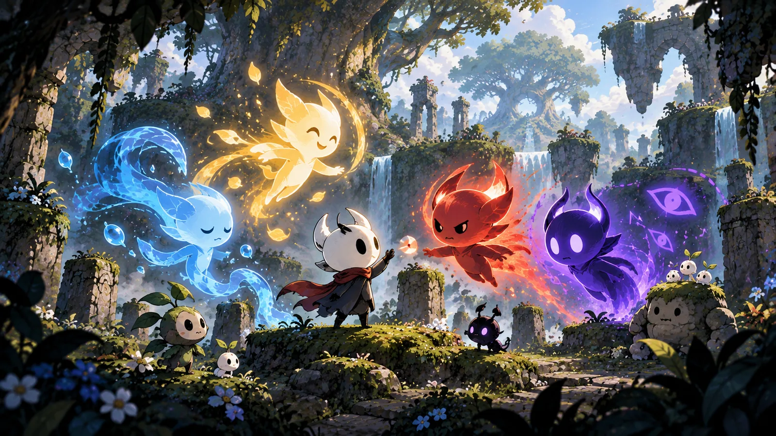 Guide artwork — Mono surrounded by friendly and emotion-linked spirits